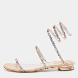 Pre Owned René Caovilla Metallic Gold Crystal Embellished Ankle Wrap Sandals Size 38