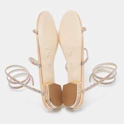 Pre Owned René Caovilla Metallic Gold Crystal Embellished Ankle Wrap Sandals Size 38