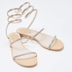 Pre Owned René Caovilla Metallic Gold Crystal Embellished Ankle Wrap Sandals Size 38