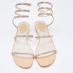 Pre Owned René Caovilla Metallic Gold Crystal Embellished Ankle Wrap Sandals Size 38