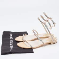 Pre Owned René Caovilla Metallic Gold Crystal Embellished Ankle Wrap Sandals Size 38