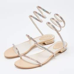 Pre Owned René Caovilla Metallic Gold Crystal Embellished Ankle Wrap Sandals Size 38