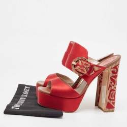 Pre Owned René Caovilla Red Satin Embellished Buckle Platform Sandals Size 41