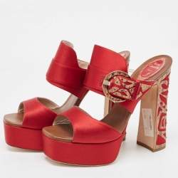 Pre Owned René Caovilla Red Satin Embellished Buckle Platform Sandals Size 41