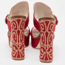 Pre Owned René Caovilla Red Satin Embellished Buckle Platform Sandals Size 41