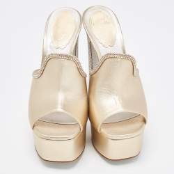 Pre Owned René Caovilla Metallic Gold Leather Crystal Embellished Slide Sandals Size 36