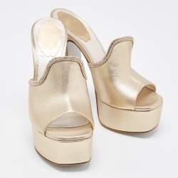 Pre Owned René Caovilla Metallic Gold Leather Crystal Embellished Slide Sandals Size 36