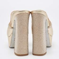 Pre Owned René Caovilla Metallic Gold Leather Crystal Embellished Slide Sandals Size 36