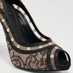 René Caovilla Black Lace Pearls Embellished Platform Peep Toe Pumps Size 41