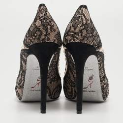René Caovilla Black Lace Pearls Embellished Platform Peep Toe Pumps Size 41