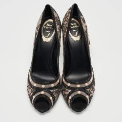 René Caovilla Black Lace Pearls Embellished Platform Peep Toe Pumps Size 41