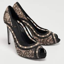 René Caovilla Black Lace Pearls Embellished Platform Peep Toe Pumps Size 41
