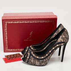 René Caovilla Black Lace Pearls Embellished Platform Peep Toe Pumps Size 41