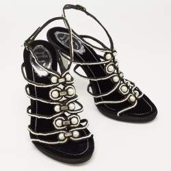 Pre Owned René Caovilla Black Cord Embellished Pearl Slingback Sandals Size 39