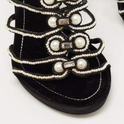 Pre Owned René Caovilla Black Cord Embellished Pearl Slingback Sandals Size 39