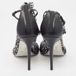 Rene Caovilla Black Leather and Crystal Embellished Mesh Galaxia Sandals Size 40