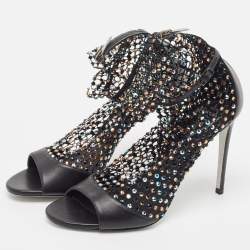 Rene Caovilla Black Leather and Crystal Embellished Mesh Galaxia Sandals Size 40