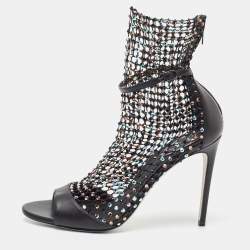 Rene Caovilla Black Leather and Crystal Embellished Mesh Galaxia Sandals Size 40