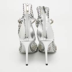 René Caovilla Silver Embossed Snakeskin and Crystal Embellished Mesh Galaxia Sandals Size 38