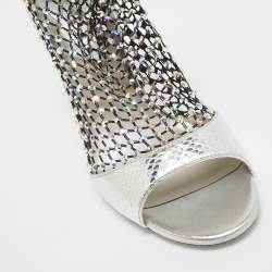 René Caovilla Silver Embossed Snakeskin and Crystal Embellished Mesh Galaxia Sandals Size 38