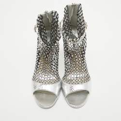 René Caovilla Silver Embossed Snakeskin and Crystal Embellished Mesh Galaxia Sandals Size 38