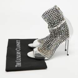 René Caovilla Silver Embossed Snakeskin and Crystal Embellished Mesh Galaxia Sandals Size 38