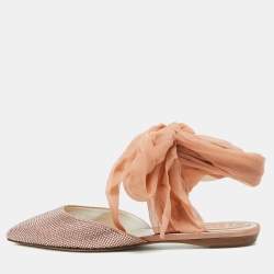 Pre Owned René Caovilla Pink Crystal Embellished Satin and Fabric Ankle Tie Flats Size 39
