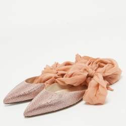 Pre Owned René Caovilla Pink Crystal Embellished Satin and Fabric Ankle Tie Flats Size 39