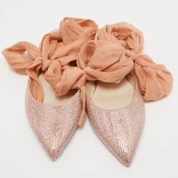 Pre Owned René Caovilla Pink Crystal Embellished Satin and Fabric Ankle Tie Flats Size 39