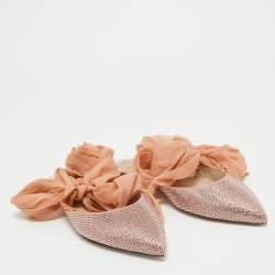 Pre Owned René Caovilla Pink Crystal Embellished Satin and Fabric Ankle Tie Flats Size 39