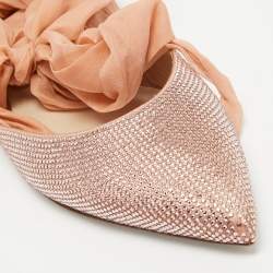 Pre Owned René Caovilla Pink Crystal Embellished Satin and Fabric Ankle Tie Flats Size 39