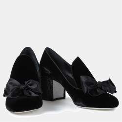 Pre Owned Rene Caovilla Black Velvet Block Heel Pumps Size 36.5