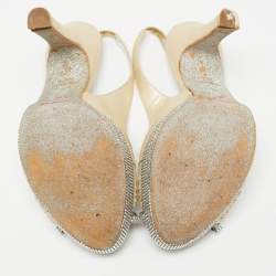 Pre Owned René Caovilla Beige Glitter Nubuck Leather Crystal Embellished Slingback Sandals Size 36.5