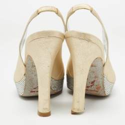 Pre Owned René Caovilla Beige Glitter Nubuck Leather Crystal Embellished Slingback Sandals Size 36.5