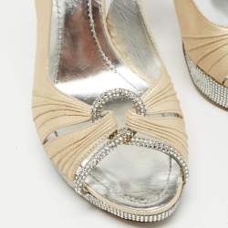 Pre Owned René Caovilla Beige Glitter Nubuck Leather Crystal Embellished Slingback Sandals Size 36.5