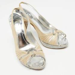 Pre Owned René Caovilla Beige Glitter Nubuck Leather Crystal Embellished Slingback Sandals Size 36.5