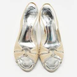 Pre Owned René Caovilla Beige Glitter Nubuck Leather Crystal Embellished Slingback Sandals Size 36.5