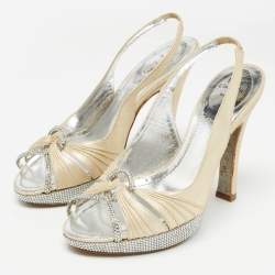 Pre Owned René Caovilla Beige Glitter Nubuck Leather Crystal Embellished Slingback Sandals Size 36.5