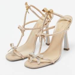 مملوكة مسبقًا René Caovilla Beige Satin Caterina Crystal Embellished Bow Sandals Size 36.5