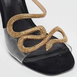 Pre Owned René Caovilla Black PVC and Suede Crystal 105mm Snake Wrap Sandals Size 39