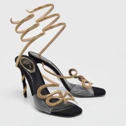 Pre Owned René Caovilla Black PVC and Suede Crystal 105mm Snake Wrap Sandals Size 39