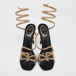 Pre Owned René Caovilla Black PVC and Suede Crystal 105mm Snake Wrap Sandals Size 39