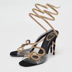 Pre Owned René Caovilla Black PVC and Suede Crystal 105mm Snake Wrap Sandals Size 39