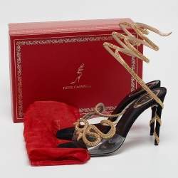 Pre Owned René Caovilla Black PVC and Suede Crystal 105mm Snake Wrap Sandals Size 39