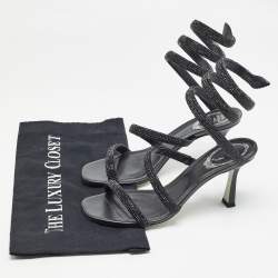 René Caovilla Black Crystal Embellished Satin Cleo Ankle Wrap Sandals Size 37  