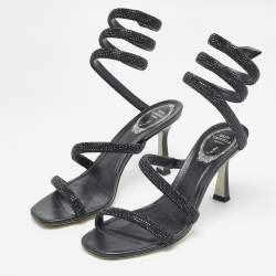 René Caovilla Black Crystal Embellished Satin Cleo Ankle Wrap Sandals Size 37  