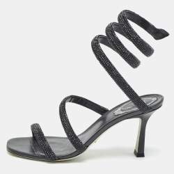 René Caovilla Black Crystal Embellished Satin Cleo Ankle Wrap Sandals Size 37  