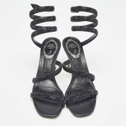 René Caovilla Black Crystal Embellished Satin Cleo Ankle Wrap Sandals Size 37  