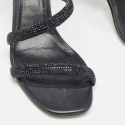 René Caovilla Black Crystal Embellished Satin Cleo Ankle Wrap Sandals Size 37  