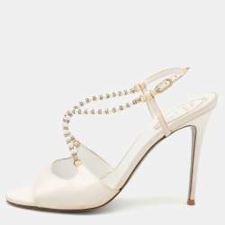 René Caovilla White Satin Embellished Slingback Sandals Size 40